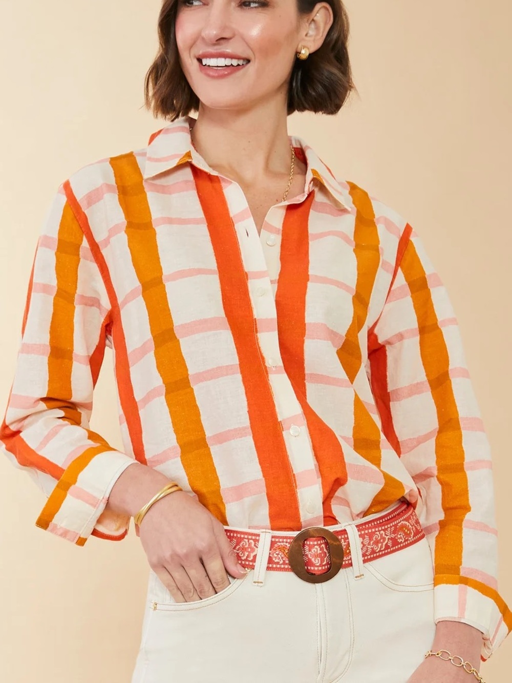 Spartina 449 Aida Relaxed Linen Blend Plaid Button Down Coastal Boho Sz S 💛🍄